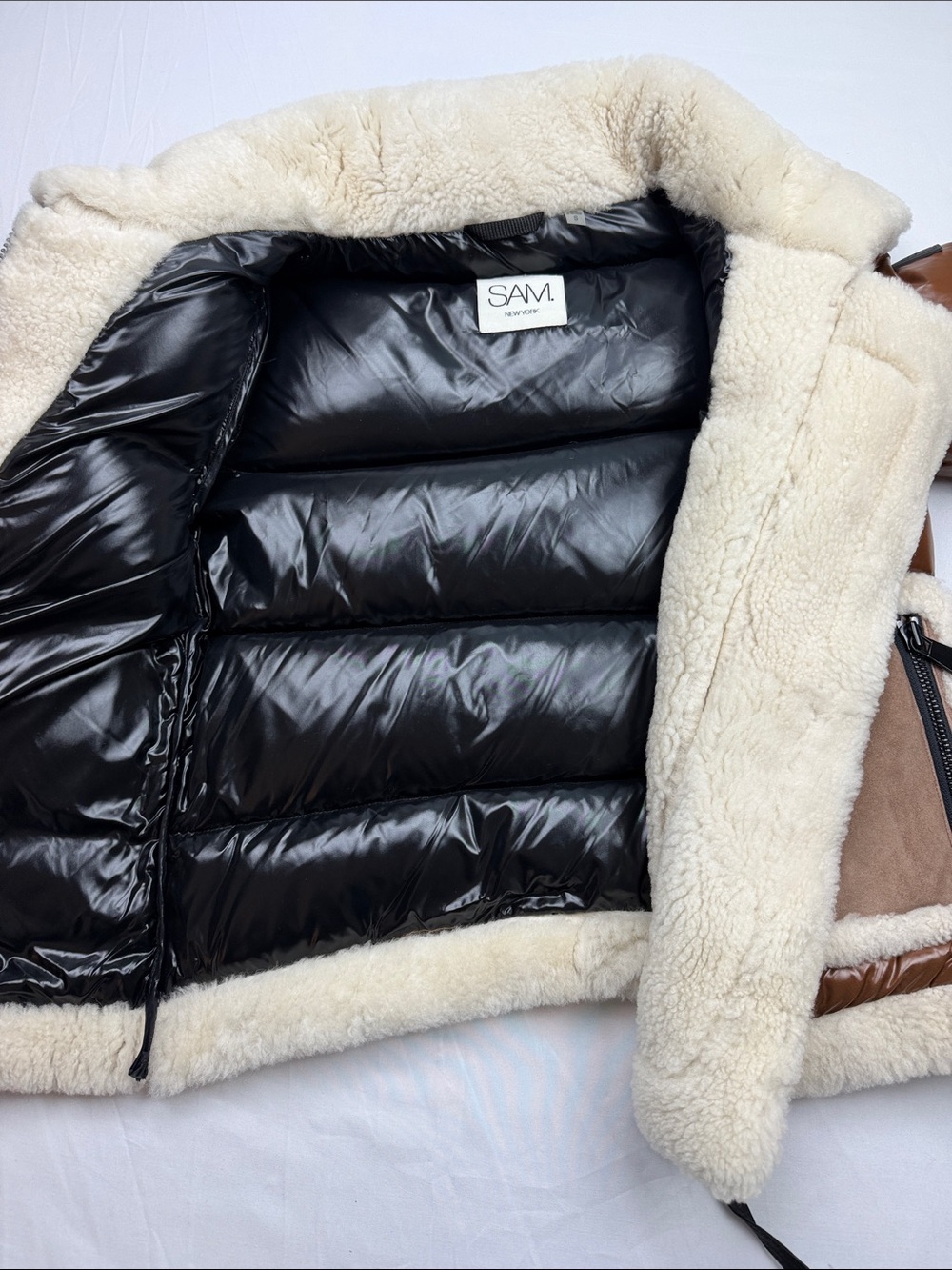 SAM. New York Veronica Shearling-Trimmed Down Biker Puffer Jacket in Cognac - Picture 7 of 16